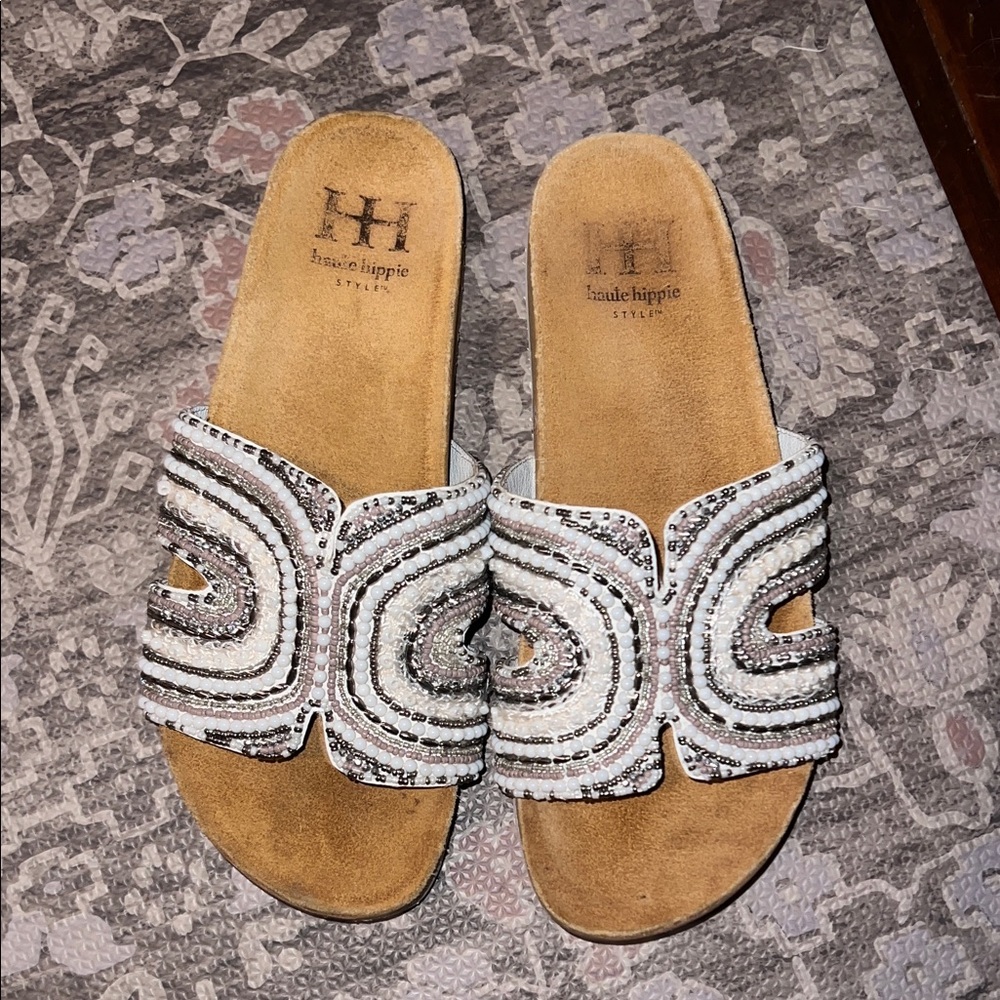 Haute Hippie White Beaded Slide Mules